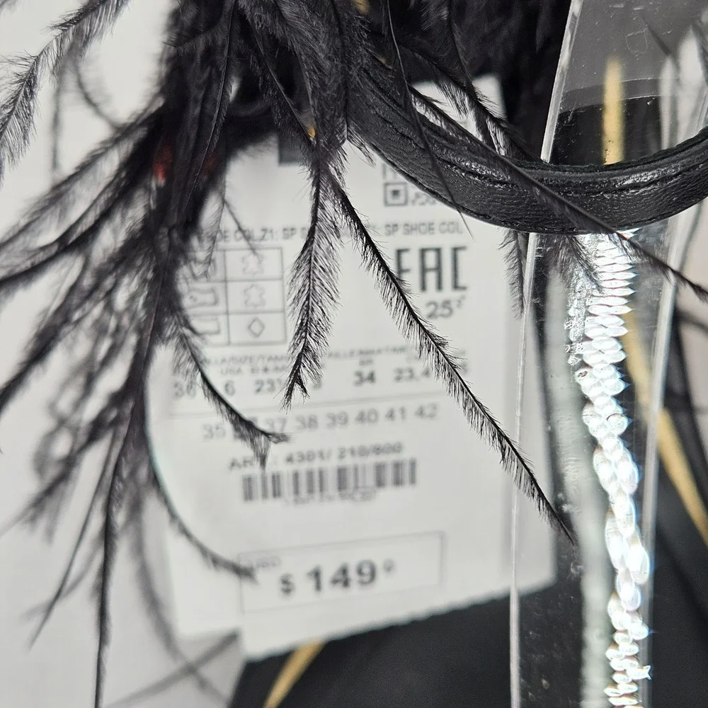 Zara Black Feather Trim Gold Block Heel Sandals Wrap Ankle Strap Womens 6 NEW‎ - Picture 8 of 9